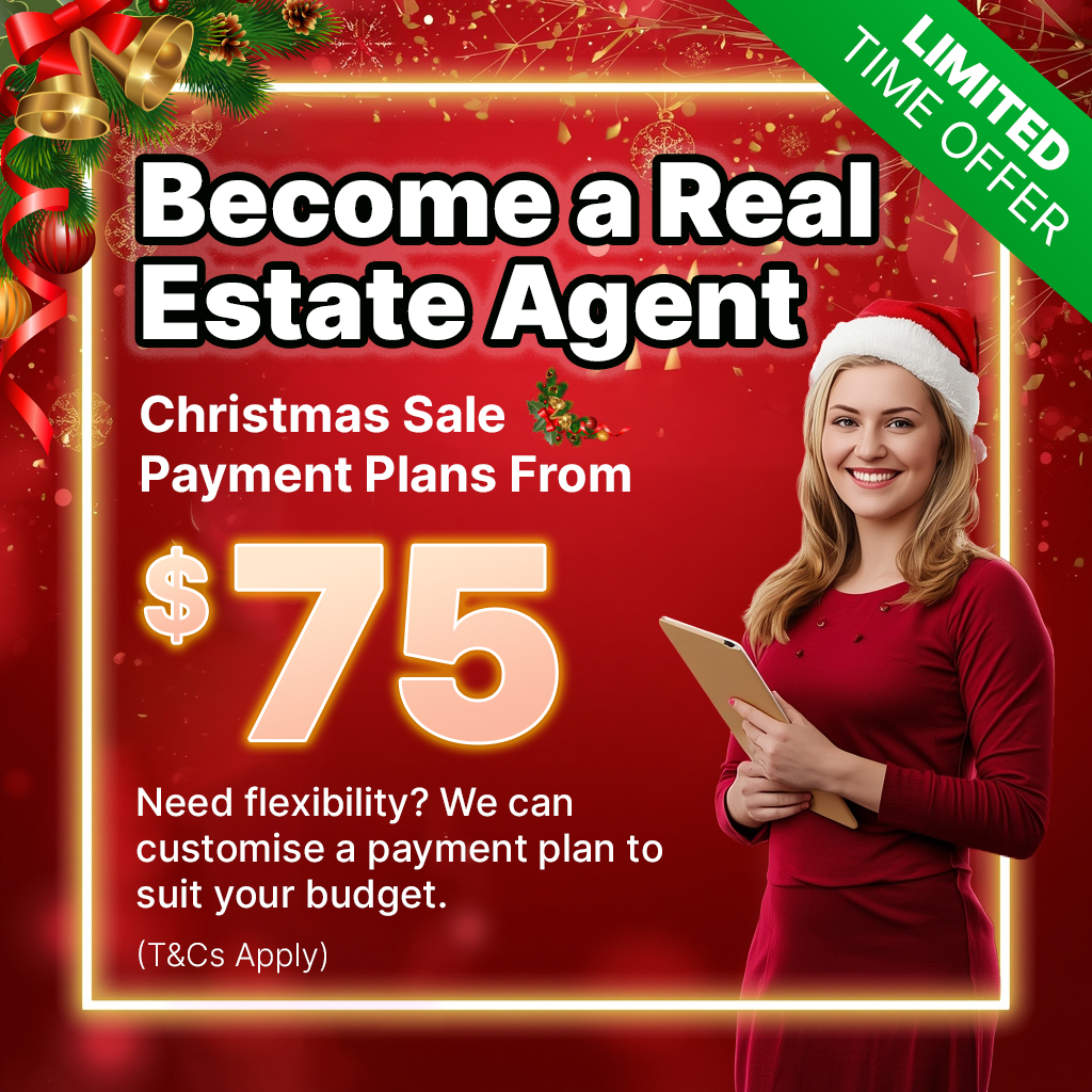 Christmas-themed Validum Real Estate Training banner promoting payment plans from $75, featuring a smiling woman in a Santa hat holding a tablet with festive red and gold decorations.