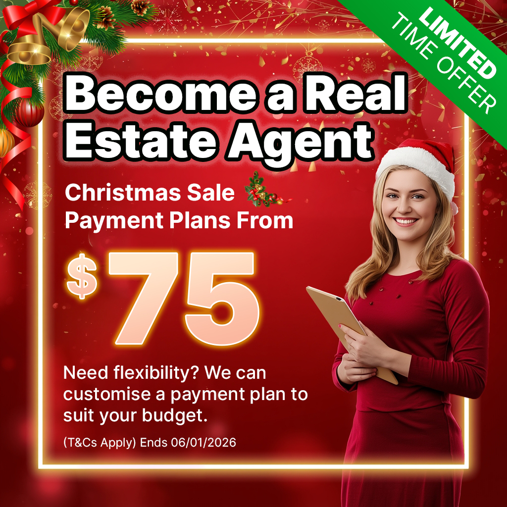 Christmas-themed Validum Real Estate Training banner promoting payment plans from $75, featuring a smiling woman in a Santa hat holding a tablet with festive red and gold decorations.