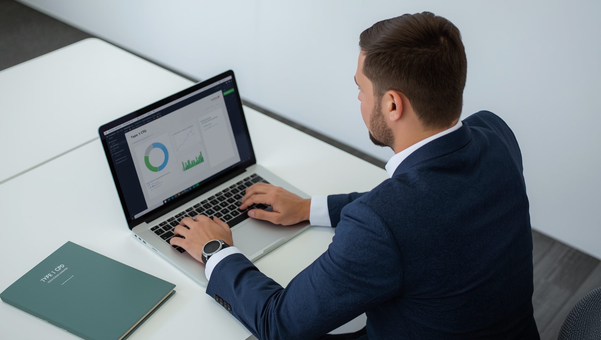 Queensland real estate agent completing online CPD training on a laptop in a modern office.