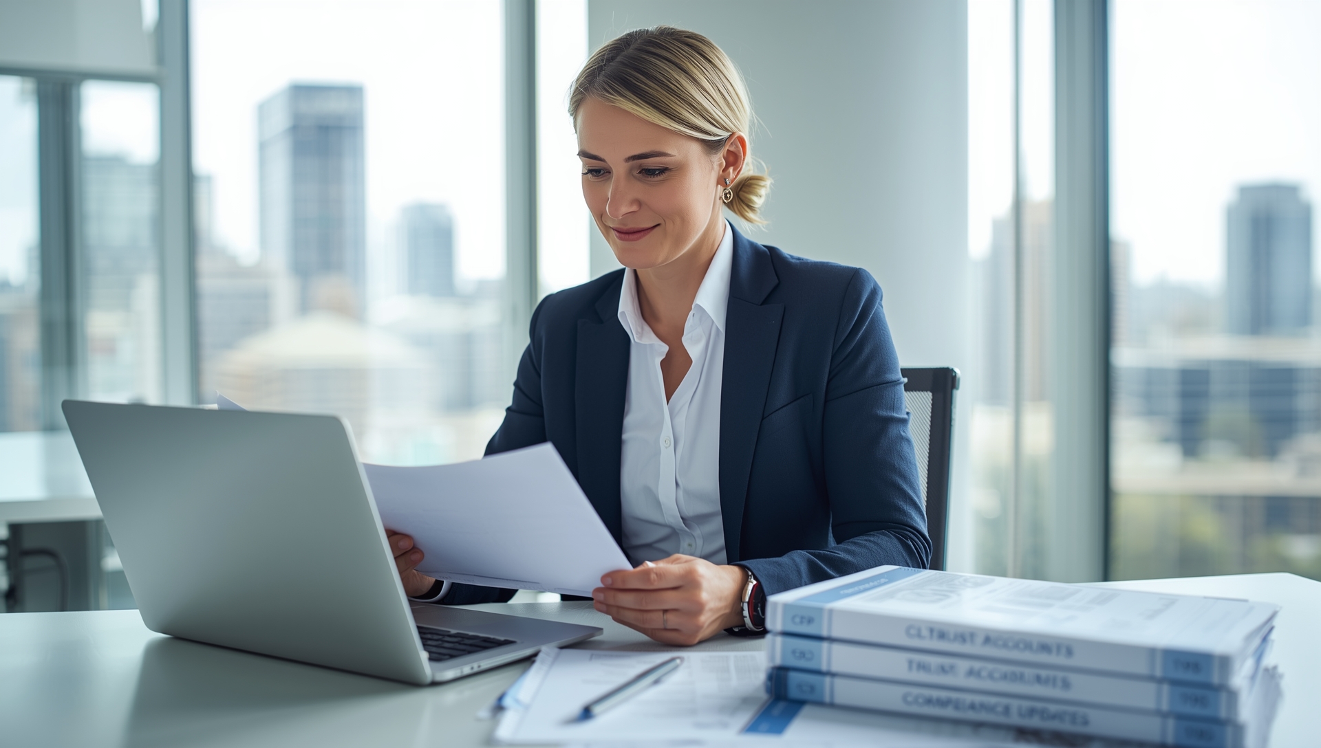 Queensland real estate agent reviewing CPD course options and compliance documents on a laptop in a modern office.